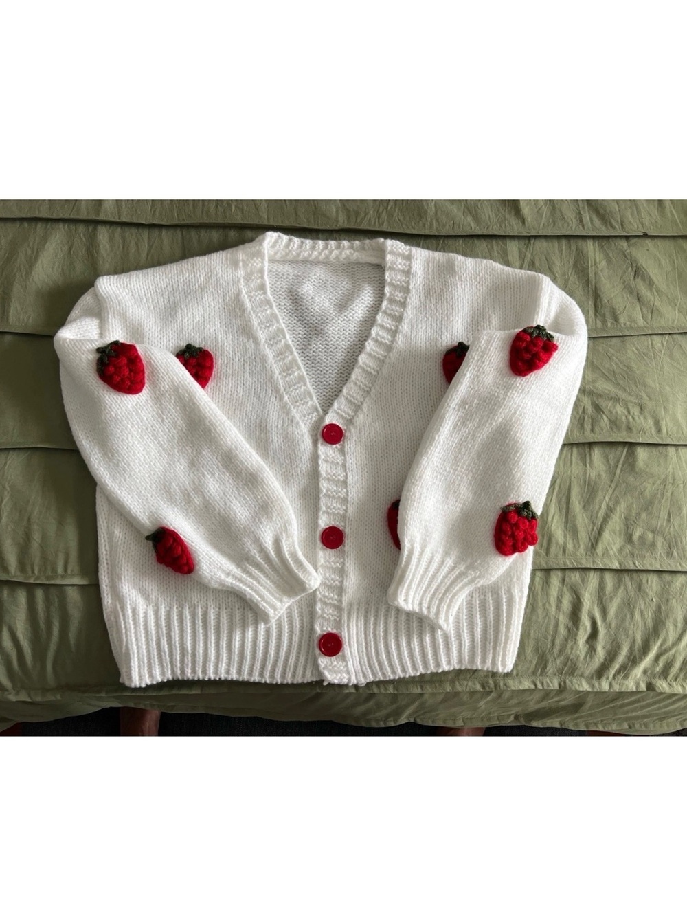 White V-Neck Cardigan Sweater with Embroidered Red Strawberry Accents